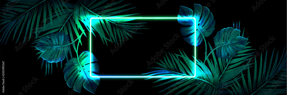 Fototapeta premium Neon jungle frame with tropical palm leaves on black background. Vector realistic illustration of glowing rectangle border and summer plants, nightclub DJ party flyer, beach event poster backdrop