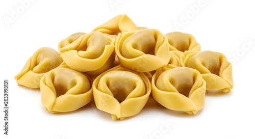 Pile of fresh tortellini pasta on white background italian cuisine