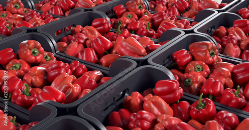 Boxes of red peppers stacked for sale. Photorealistic CGI.