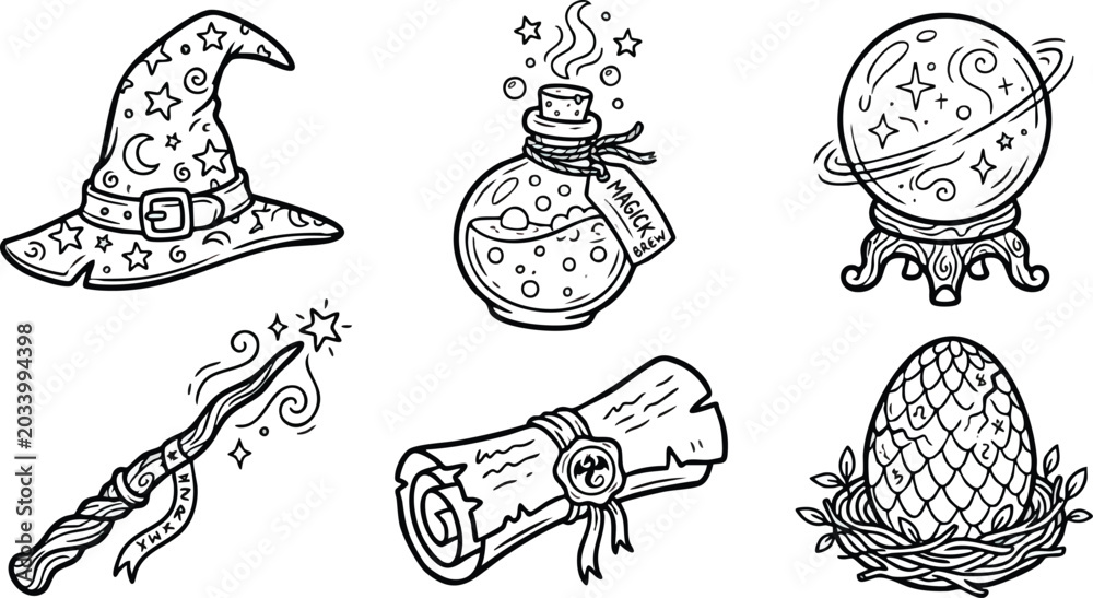 Obraz premium Magical Fantasy Objects Line Art Vector Icon Set