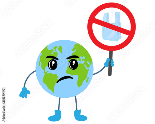 Vászonkép Cute cartoon earth character holding a No Plastic Bag Sign, Angry planet mascot