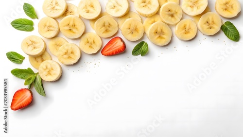 Sliced bananas and strawberries on white background