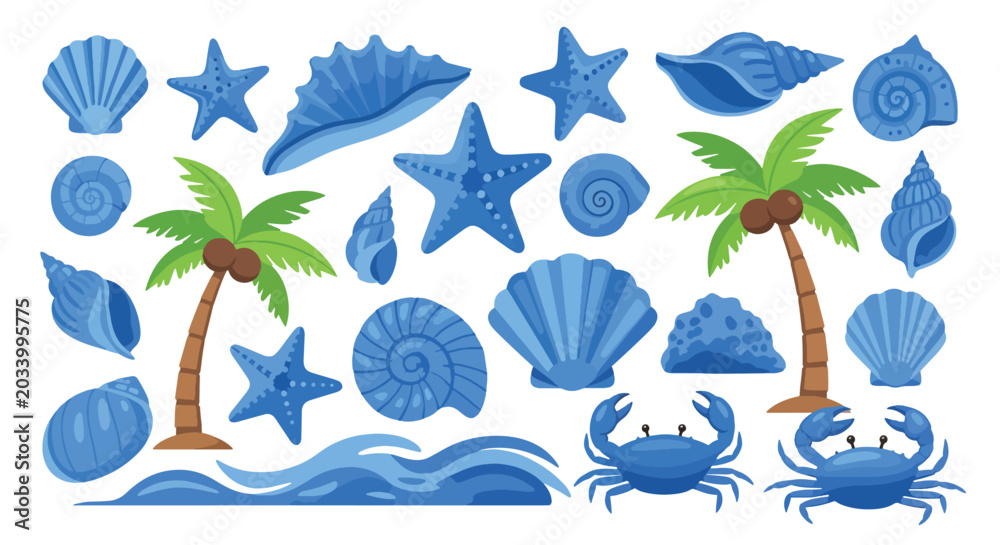 Obraz premium Colorful tropical palm trees with starfish and seashells.