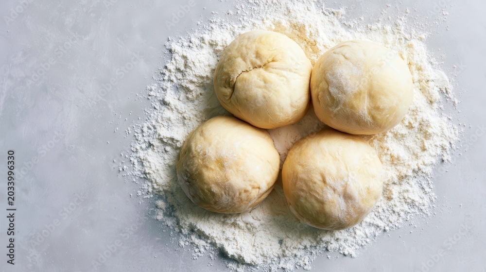 Fototapeta premium Four round balls of fresh raw dough resting on dusting of white wheat flour on textured stone surface