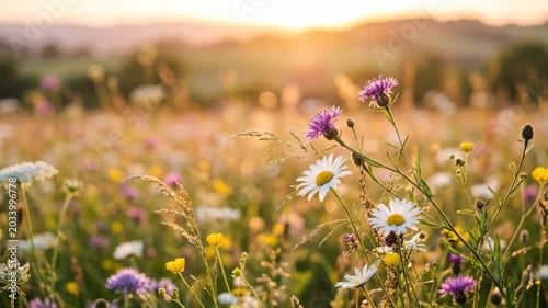Wild flowers in a meadow at sunset with shallow depth and abstract August summer nature mood, glowing golden light, soft bokeh and delicate floral detail for botanical, wellness and seasonal visuals,