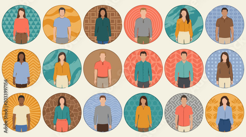 Photos Diverse group of illustrated people avatars on patterned circle backgrounds