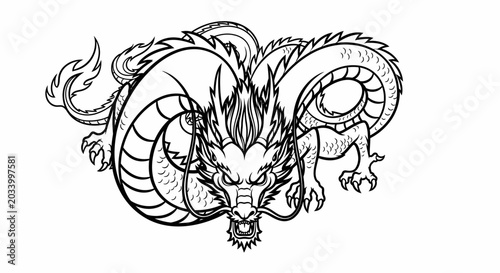Intricate dragon illustration in black and white against a plain background