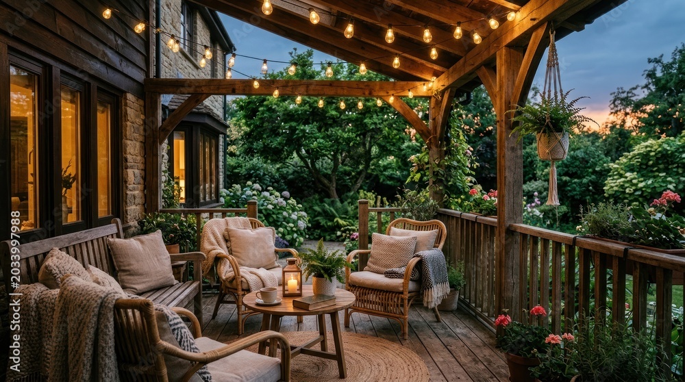 Fototapeta premium Cozy wooden patio with warm lighting, wicker furniture, and lush garden backdrop on a quiet evening