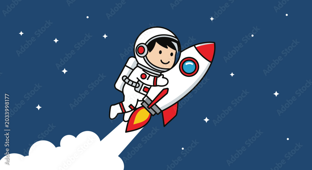 Naklejka premium Astronaut in spacesuit riding rocket through night sky with stars vector illustration