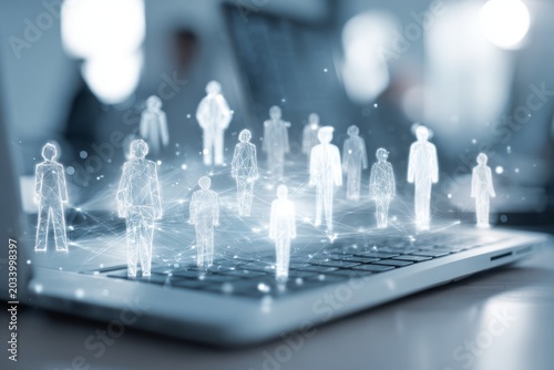 Digital Human Resource Management Concept with Data Visualization and Laptop Interface Representing Team Collaboration and Employee Management Strategies