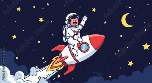 Astronaut in spacesuit soaring through starry night sky on rocket ship