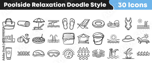 Foto Hand drawn doodle icons representing summer vacation and poolside relaxation act