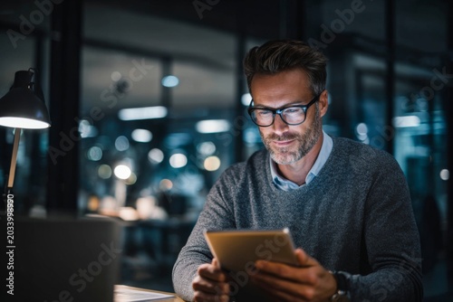 Business Professional Engaging with Digital Marketing Concepts and Data Analysis on a Tablet and Laptop in a Modern Office Environment