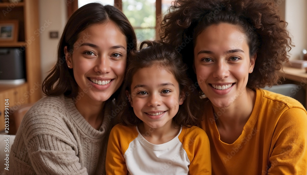 Fototapeta premium Smiling lesbian couple child at home, showing happy family bond. Diverse female parents with cheerful daughter represent modern family. Image lesbian couple child for inclusive parenting promotion.
