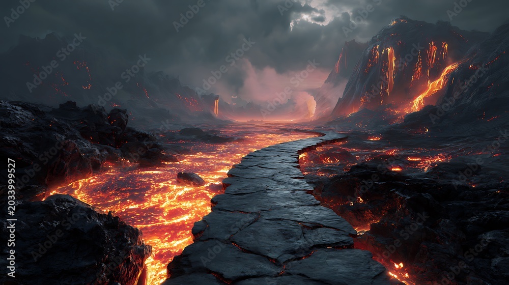 Obraz premium Fantasy stone path leading through a volcanic landscape with glowing lava rivers.
