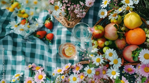 Top view of a picnic with fruits and flowers on a checkered rug against the background of a green park. Beautiful summer vacation.