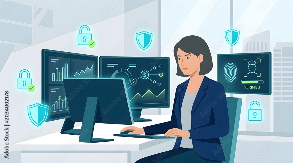 Obraz premium Cybersecurity concept of digital banking and AI privacy protection with glowing shield and lock icons