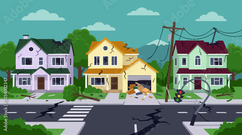 Houses and street severely damaged after an earthquake disaster in a residential area