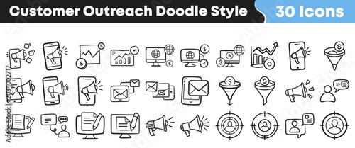 Bild auf Leinwand Set of hand drawn customer outreach marketing and business icons