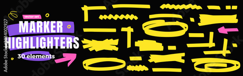 Text annotation marker shapes with felt tip highlighter pen in yellow for note and journal. Hand drawn text annotation patches and lines on black. Vector emphasis set isolated for trendy promo design.