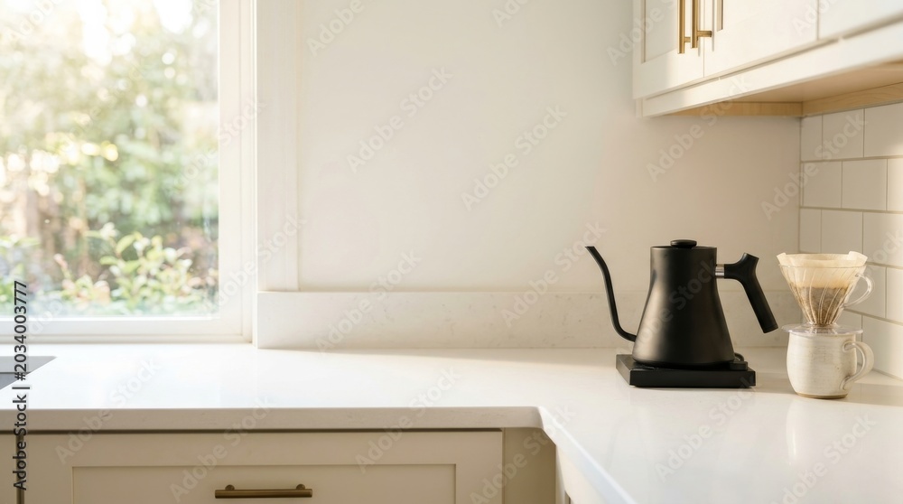 Fototapeta premium Modern Smart Kitchen Countertop with Pour-Over Coffee Maker and Healthy Ingredients