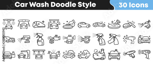 Foto Collection of hand drawn car wash icons in doodle style