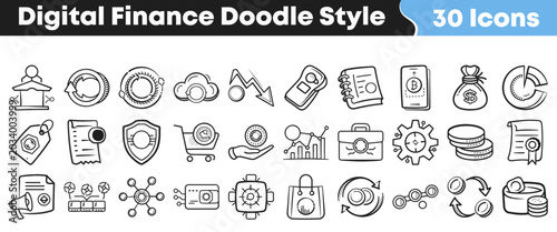 Fotografija Set of digital finance icons illustrated in a sketchy doodle style