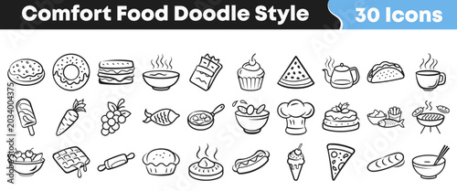 Set of hand drawn comfort food icons in doodle style