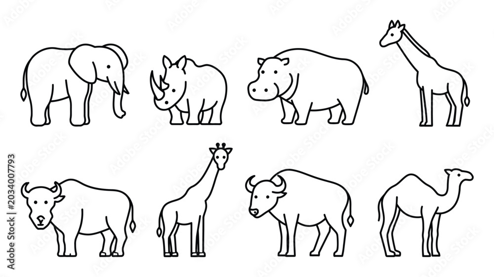 Obraz premium Collection of african and savanna wildlife animal outlines in line art style
