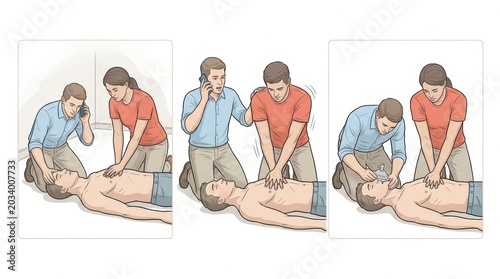 Rescuers assist a person in need of medical help by performing CPR during a workplace emergency response scenario in a safe environment.