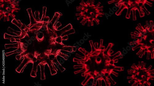 Clean 3D microscopic red virus cells loop with a continuous 360 rotation composition. Professional medical design graphic overlay element for science video production on black screen.
