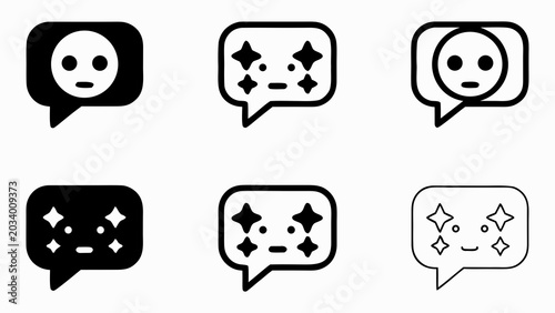 Flat vector icons depicting chatbot conversation symbols with various emoticons and speech bubbles on a white background