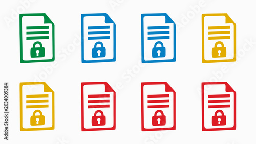Colorful vector illustration set of encrypted files with padlocks symbolizing data security and protection
