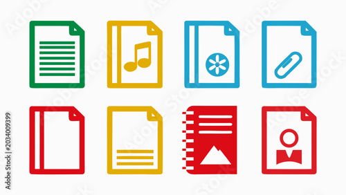 Colorful vector set of educational and document file icons for organization and learning