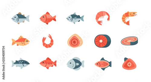 Various stylized fish and seafood illustrations
