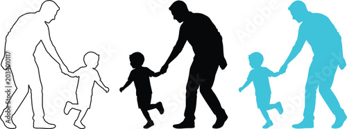 Tableau sur toile 手をつなぐ親子のシルエット、父親と子供の絆を示すシンプルなベクターイラストセット。家族の愛情、子育て、成長を表現するデザイン素材。