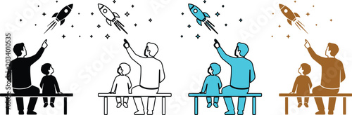 Tableau sur toile 親子で宇宙の夢を見るロケットと星空のイラストセット。未来への希望、成長、教育、家族の絆を象徴するシンプルなベクターアイコン。