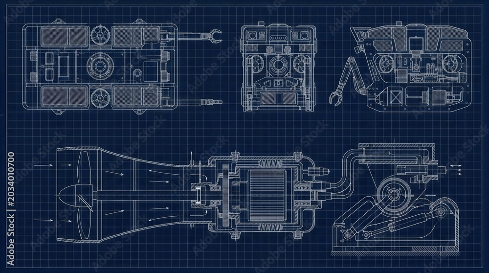 Obraz premium Engineering blueprint showing industrial machinery and robotic mechanism components. Technical drawing on grid paper depicting mechanical system, turbine, and automation equipment design.