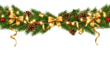 Christmas garland with green pine branches, gold ribbons, brown pinecones, red holly berries, and glowing yellow fairy lights on black