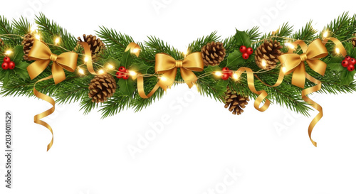 Christmas garland with green pine branches, gold ribbons, brown pinecones, red holly berries, and glowing yellow fairy lights on black