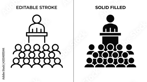 Professional speaker presenting to a large crowd of people in a minimalist vector illustration icon set