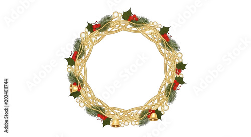Christmas wreath made of woven gold twigs decorated with green pine needles, red berries, white ornaments, and small golden bells
