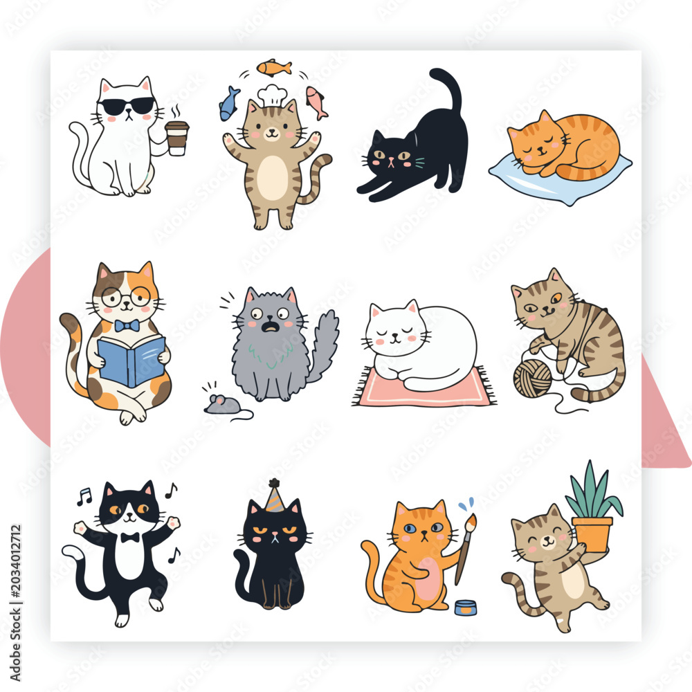 Fototapeta premium Funny Cat Cartoon Flat Design Vector – Cute Kawaii Kitten Illustration Isolated on White Background