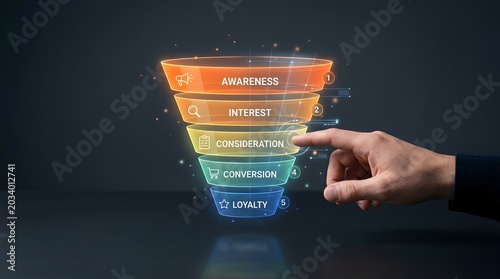 Person touching glowing holographic marketing funnel representing digital customer loyalty and sales strategy