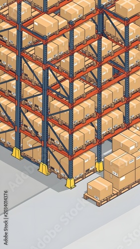 Warehouse Storage Racks with Pallets and Boxes in Industrial Facility.