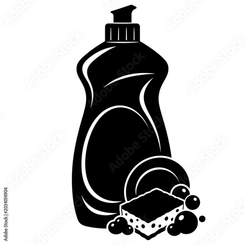 Solid black silhouette of dishwashing liquid bottle isolated on white background, concept of kitchen cleaning 