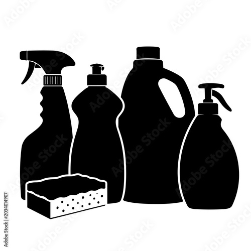Cleaning supplies for kitchen, essential tools, modern design, monochrome style, copy space