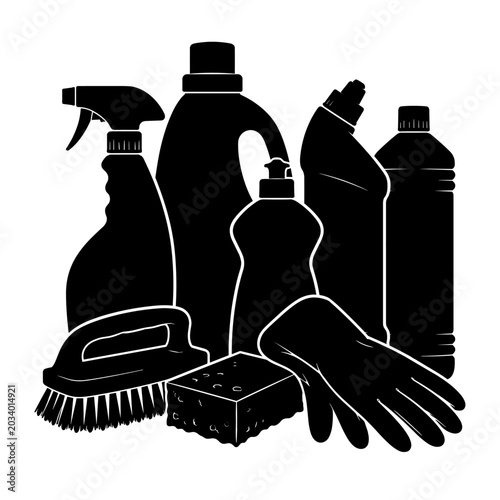 Solid black silhouette of cleaning products isolated on white background, concept of household cleaning 