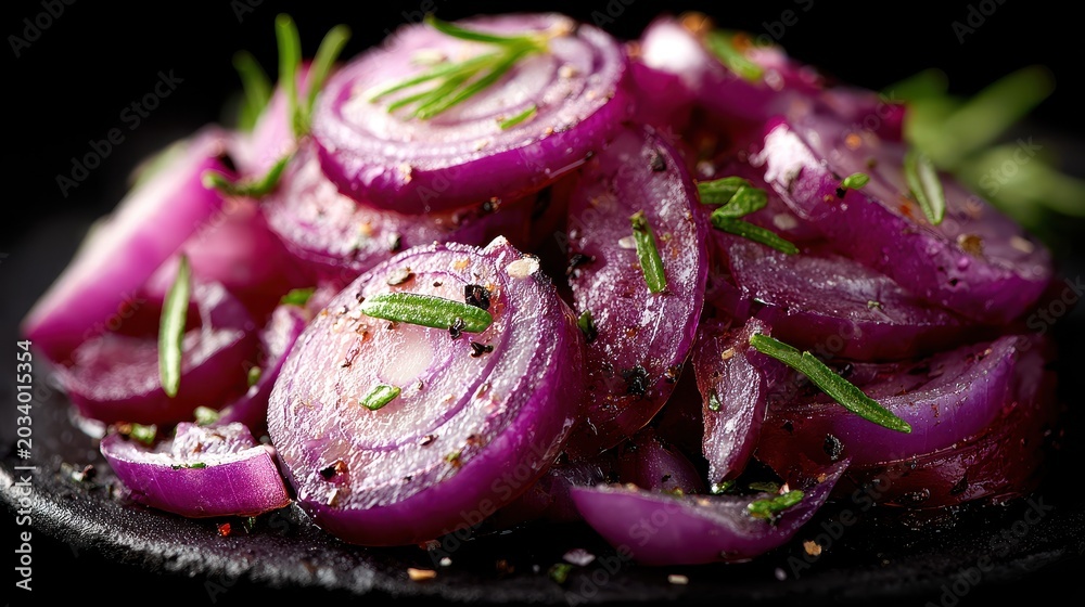 Fototapeta premium Close-up of caramelized red onions with rosemary on dark background