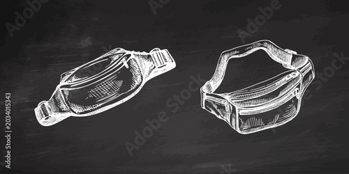 Hand drawn vintage sketch set of waist bags on chalkboard background in engraved monochrome retro vector illustration